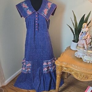 Vintage April Cornell Floral Blue Polka Dot Maxi Dress